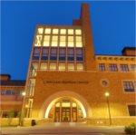 Exterior view of the L. William Seidman Center at dusk